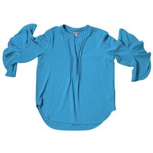 VINCE CAMUTO Womens Teal Blue Ruffle Sleeve Blouse Size M Statement Top Dramatic